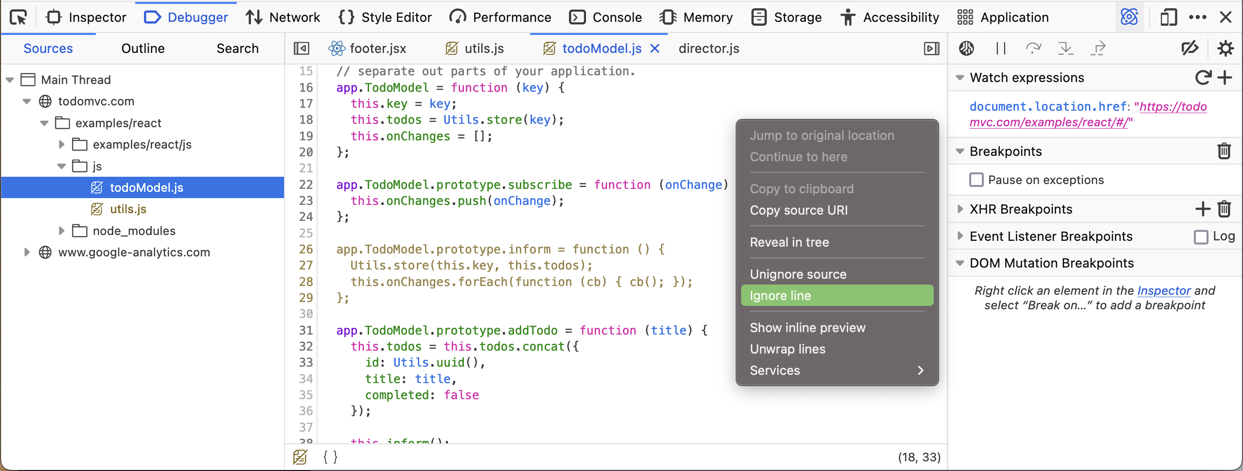 Screenshot showing the context menu item to ignore a single line in source file.